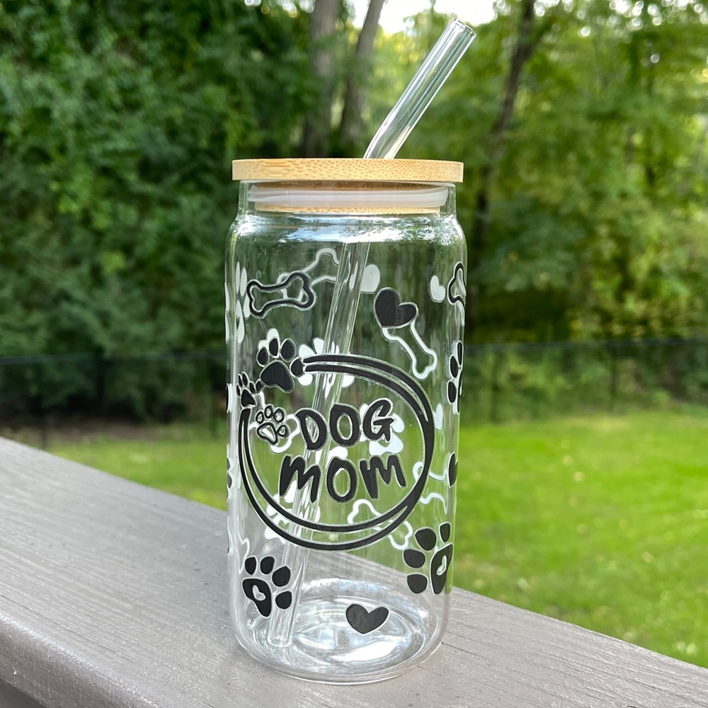 Dog Mom Glass Can w/Bamboo Lid and Glass Straw